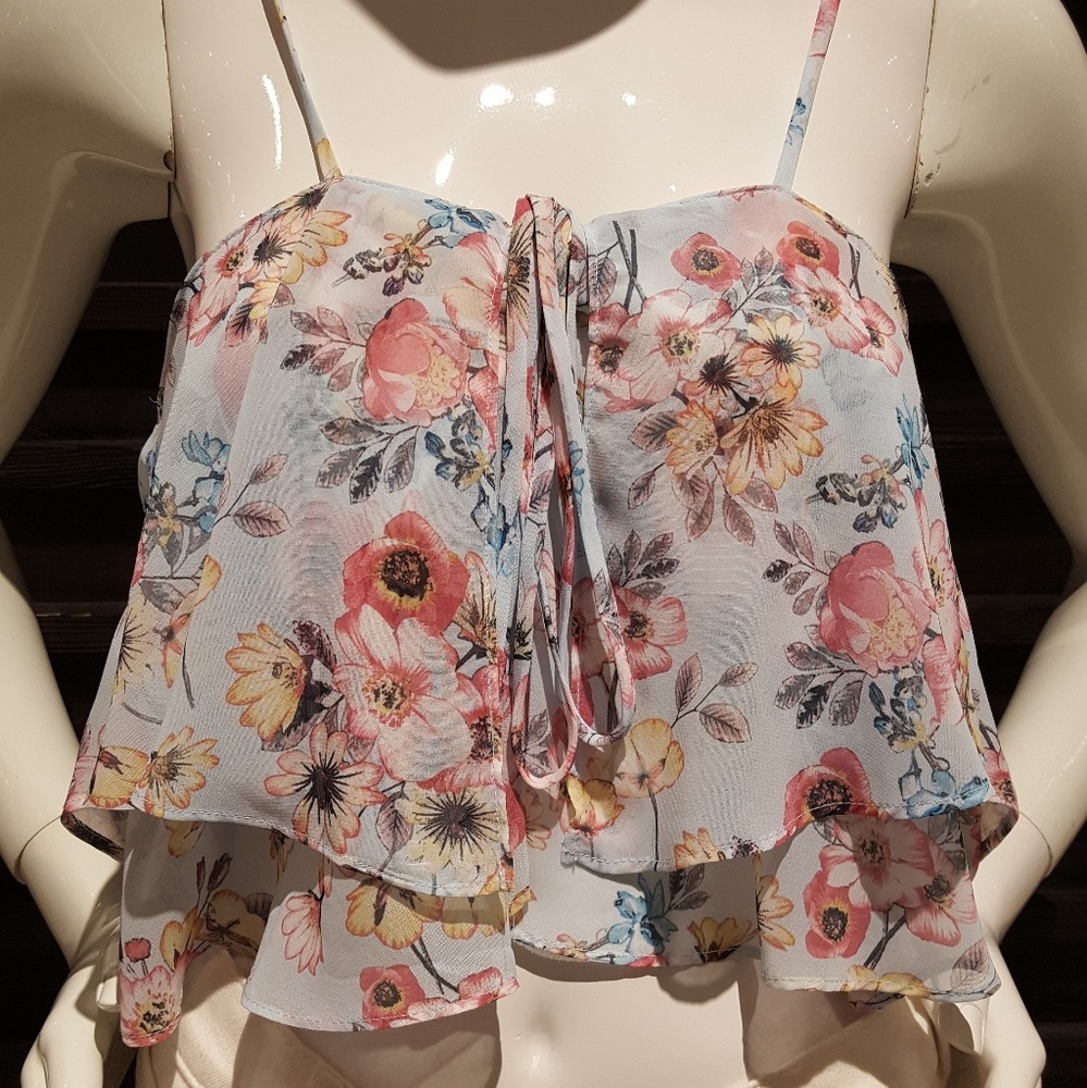 Forever21 Flowy Light Blue, Pink & Yelloe Floral Ruffle Spaghetti Strap Crop Top